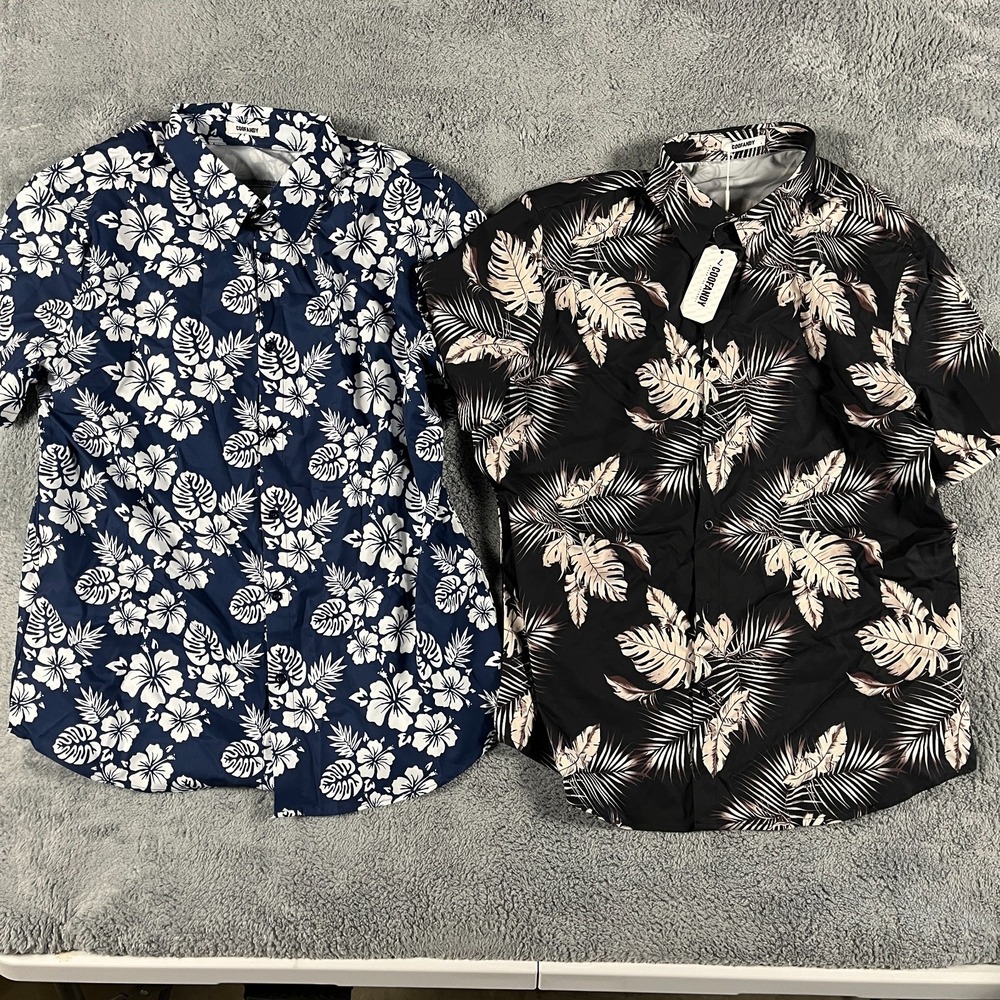 Lot of 2 COOFANDY Hawaiian Shirt Mens Large Navy Black Tropical Leaf Button Up